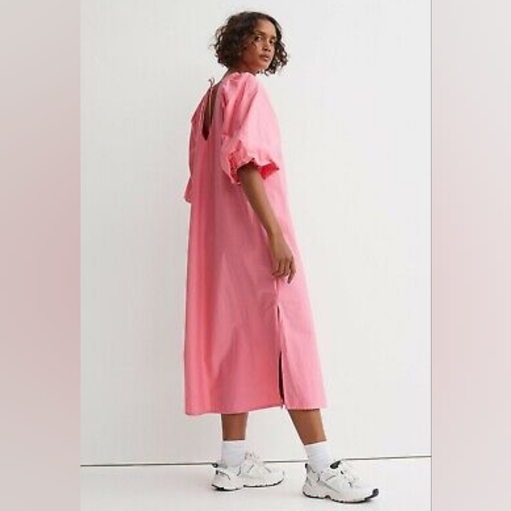H&M Puff-Sleeved XS Dress Midi Oversized NWOT Tie Neck Pink Coral Bow.    B-40
